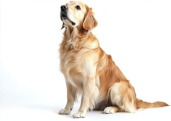 Studio shot of an adorable Golden retriever sitting and looking up curiously , isolated on white background,  , copy space, copy space for text,