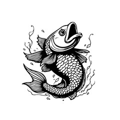 Dynamic ink illustration of a fish leaping with an open mouth showcasing aquatic art black and white