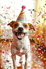 Cute dog with a party hat celebrating her birthday, confetti falling , isolated on white background,  , copy space, copy space for text,