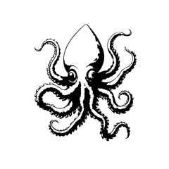 Enchanting octopus illustration with intricate details and whimsical charm in black and white ink design