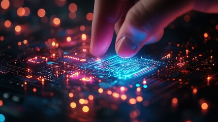 Abstract Futuristic Finger Touching Glowing Circuit Board Microprocessor System