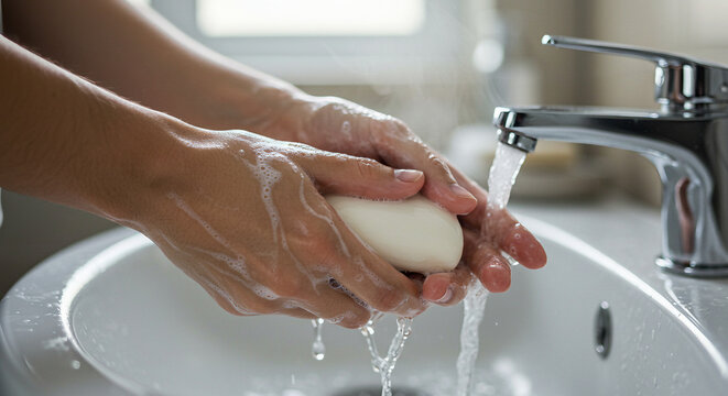 Hands washing under running water with a bar of soap in a clean sink - Powered by Adobe