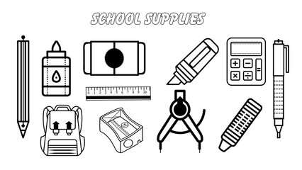 Silhouette Icons of School Supplies and Education Tools Set on White