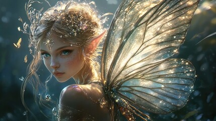 Dreamy Close-up of Young Woman Fairy with Delicate Wings Portrait