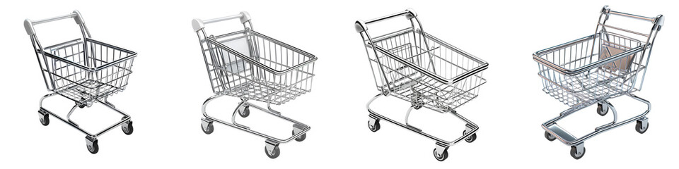 Set of four miniature metal shopping carts with white handles from different angles, isolated on transparent background

