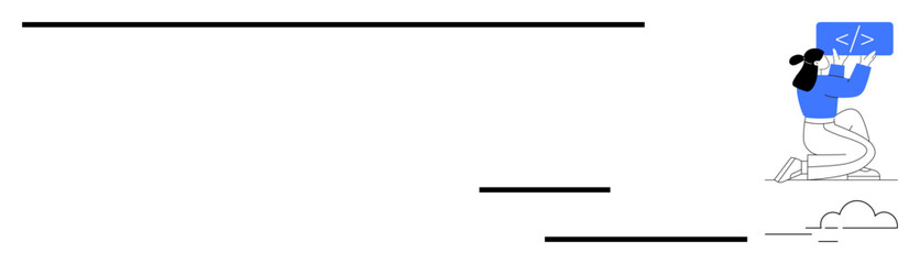 Obraz premium Person kneeling and carrying coding block with cloud in background. Ideal for programming, software development, learning, teamwork, problem-solving, digital transformation, simple landing page