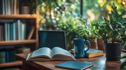 Cozy Interior Scene with Book, Laptop, Mug, and Plants on Table