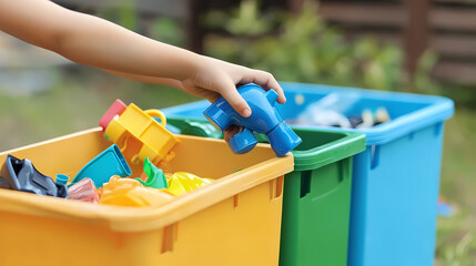 A child"s hand sorts colorful plastic toys into yellow, green, and blue bins outdoors, suggesting organization or recycling playtime.