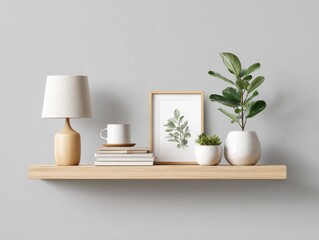 Minimalist Floating Shelf Workspace with Lamp and Plant, Copy Space Below