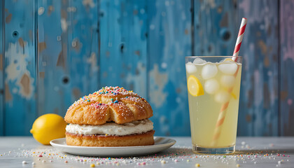 Cozy dessert scene with a fluffy waffle topped with whipped cream and powdered sugar, a cookie sandwich with chocolate filling, and a refreshing lemonade with ice and lemon slice — sweet treat composi