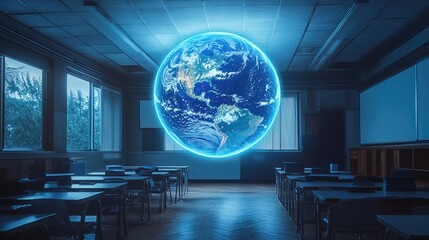 Surreal Classroom Scene with Glowing Earth Globe Hologram Projection
