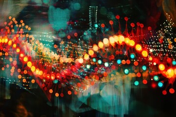 Dynamic dna strand visualized over vibrant moving lights creating an abstract representation of genetic activity, dna strand over moving spots