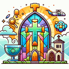 Obraz premium Vibrant illustration of a church facade with stained glass windows, featuring additional colorful decorative elements, creating a joyful, whimsical atmosphere.