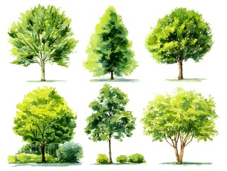 Fototapeta premium Set of watercolor green tree isolated on white background for landscape and architecture drawing, elements for environment and garden, botanical for section in spring