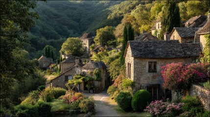 Obraz premium Stone Village nestled in Lush Green Hills