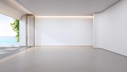 Sea view empty large living room of luxury summer beach house with terrace. Concrete floor and white wall in vacation home or holiday villa. Hotel interior 3d illustration.