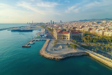 Obraz premium Stunning aerial view of Barcelona showcasing its vibrant cityscape and coastline, barcelona city aerial view, europe city landscape shot by drone