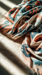 Vertical flat lay of pastel ikat fabric with copyspace