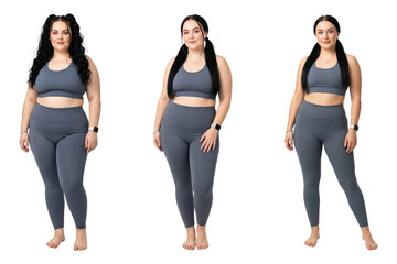 Fototapeta premium Woman's fitness transformation journey in grey athletic wear shown in three stages.