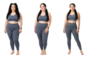 Woman's fitness transformation journey in grey athletic wear shown in three stages.