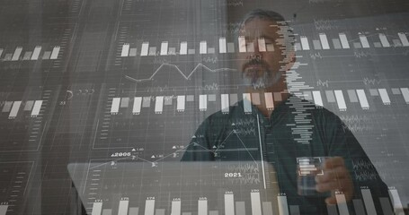 Male analyst biting pastry causing finance data analysis with evolving bar charts and line graphs - Powered by Adobe
