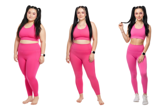 Woman's fitness transformation journey shown in three stages