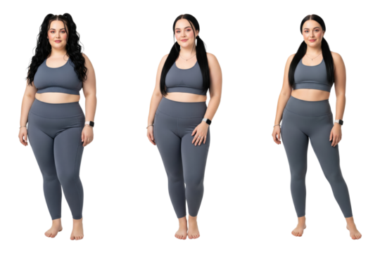 Woman's fitness transformation journey in grey athletic wear shown in three stages. - Powered by Adobe