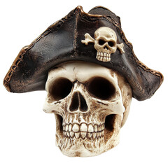Intricate pirate skull wearing a hat on a clean Transparent background showcasing detailed craftsmanship, Pirate Skull with Hat on PNG background