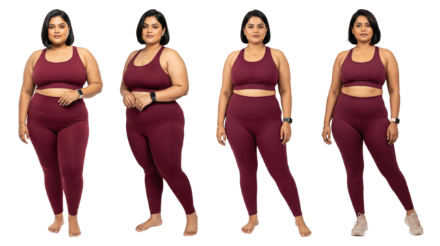 Woman's fitness transformation journey in maroon athletic wear shown in four stages.