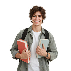 Smiling student with books, transparent background, ready for learning and academic success in his educational journey for high school or college.
