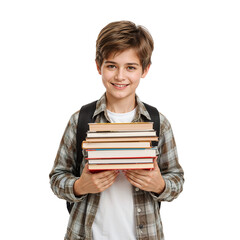 Young student holds books on transparent background, a portrait perfect for educational resources, emphasizing learning and knowledge with a hopeful expression.