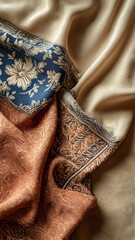 Vertical flat lay of traditional batik on beige background with copyspace