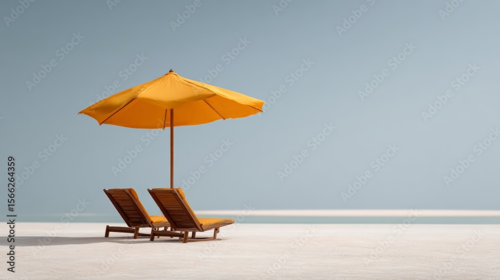 Poster two empty wooden beach chairs sit under a bright yellow parasol on a pristine sandy beach, inviting 