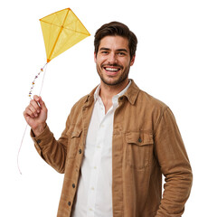 A happy man smiles while holding a yellow kite against a transparent backdrop, ideal for adding a playful touch to your designs and creative projects, transparent background