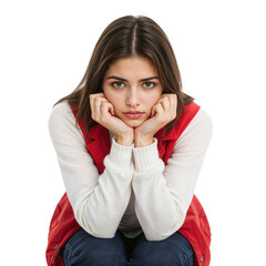 Beautiful young woman resting chin on hands gazes thoughtfully with a transparent background, perfect for design projects or emotional expression