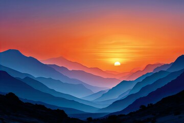 Layered Mountain Range Silhouette with Vibrant Orange Sunset and Deep Blue Hues