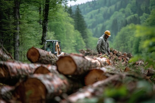Logger Standing By Stacked Logs in Dense Forest with Heavy Equipment on Overcast Day