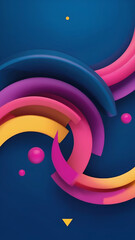 Curved vibrant lines and spheres create an abstract design conveying energy and creativity in a blue background