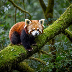 Fototapeta premium Red Panda Nestled on Mossy Tree Limb in a Tranquil Forest Scene
