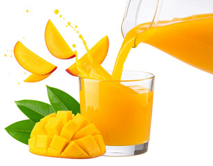 Fresh Mango Juice into Glass, homemade summer drink concept, isolated on transparent background.