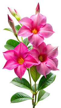 Elegant pink mandevilla blooms with vibrant yellow centers and verdant leaves