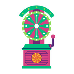 Prize wheel game at carnivals or fairs where players spin the wheel to win various prizes indicated on segments