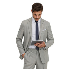 Stylish man in gray suit uses a tablet with transparent background perfect for business presentations, finance or corporate designs, showcasing modern lifestyle.
