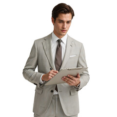 Young professional man in suit writes on clipboard against transparent backdrop, ideal for business concepts, presentations and design layouts with a clean aesthetic