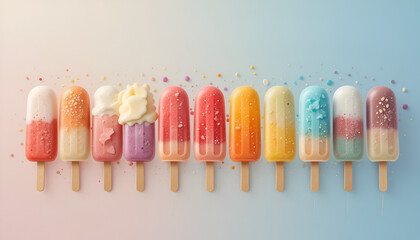 Colorful pastel popsicle lineup with various textures, sprinkles, and whipped cream details on gradient pink to blue background — vibrant summer dessert collection with playful candy explosion.
