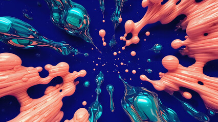 Vibrant abstract composition exploring the depths of motion and fluidity with contrasting colors and shapes amidst a cosmic background