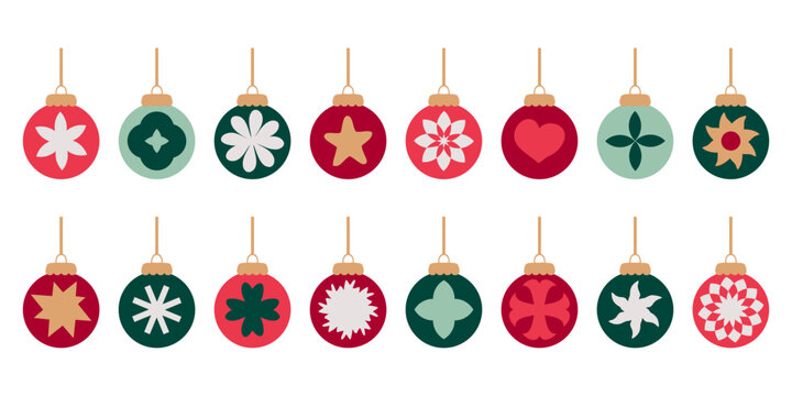 Simple flat style xmas balls ornament clipart collection. Perfect for banner, flyer, label, postcard, sale, sticker, card. Isolated hand drawn vector illustration.