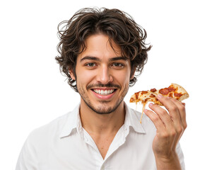Smiling young man holds a slice of delicious pizza with melting cheese against a transparent background, showcasing culinary delight and casual lifestyle enjoyment.