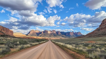 Scenic desert highway leading to majestic red rock mountains under a vibrant blue sky with fluffy clouds.