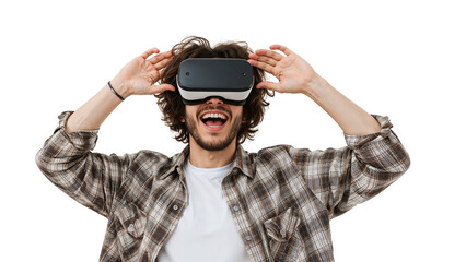 Excited man experiences virtual reality with headset against a transparent background, illustrating future technology, gaming innovation, and immersive digital experiences